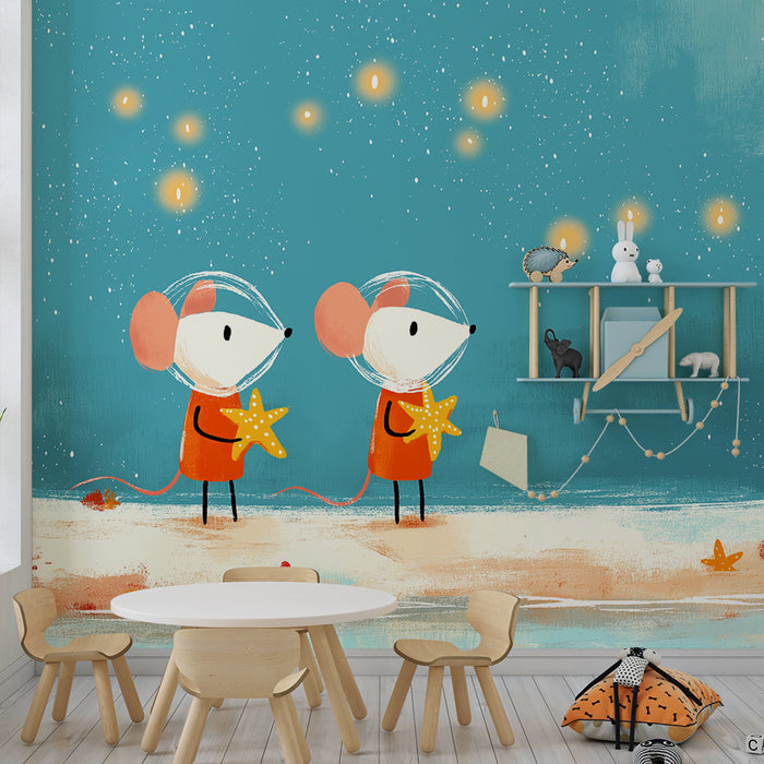 Kids' room wallpaper | Astronaut mice exploring a starry underwater world