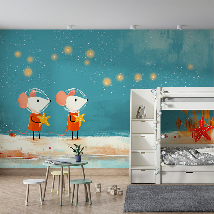 Kids' room wallpaper | Astronaut mice exploring a starry underwater world