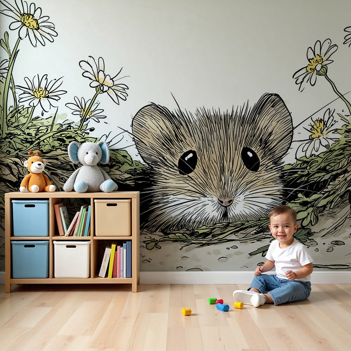 Kids room wallpaper | Curious mouse surrounded by wildflowers