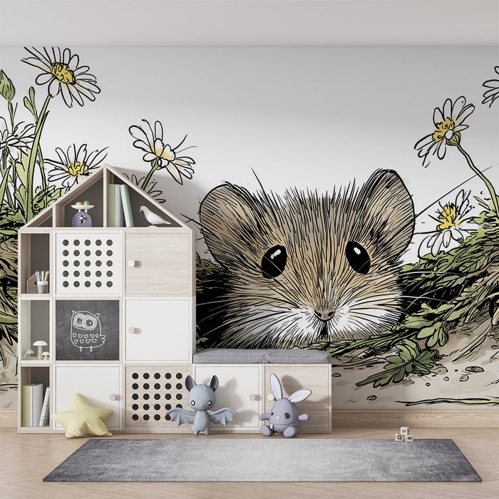 Kids room wallpaper | Curious mouse surrounded by wildflowers