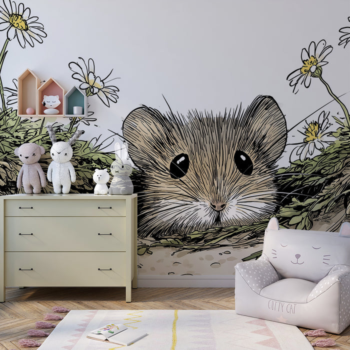 Kids room wallpaper | Curious mouse surrounded by wildflowers