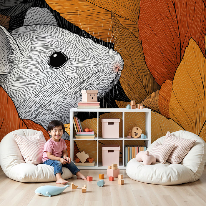 Papier peint chambre enfant | Souris espiègle cachée parmi les feuilles d'automne
