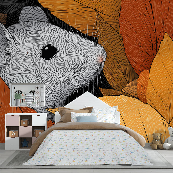 Papier peint chambre enfant | Souris espiègle cachée parmi les feuilles d'automne