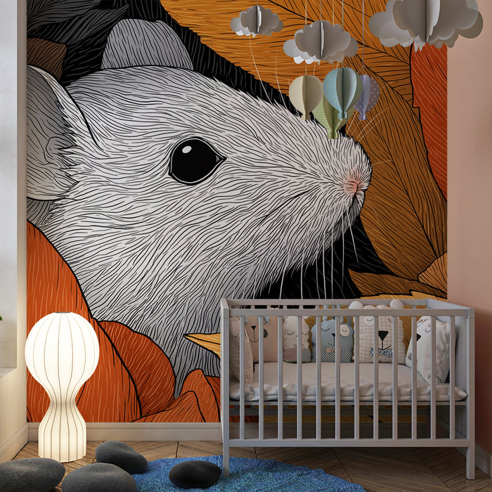 Papier peint chambre enfant | Souris espiègle cachée parmi les feuilles d'automne