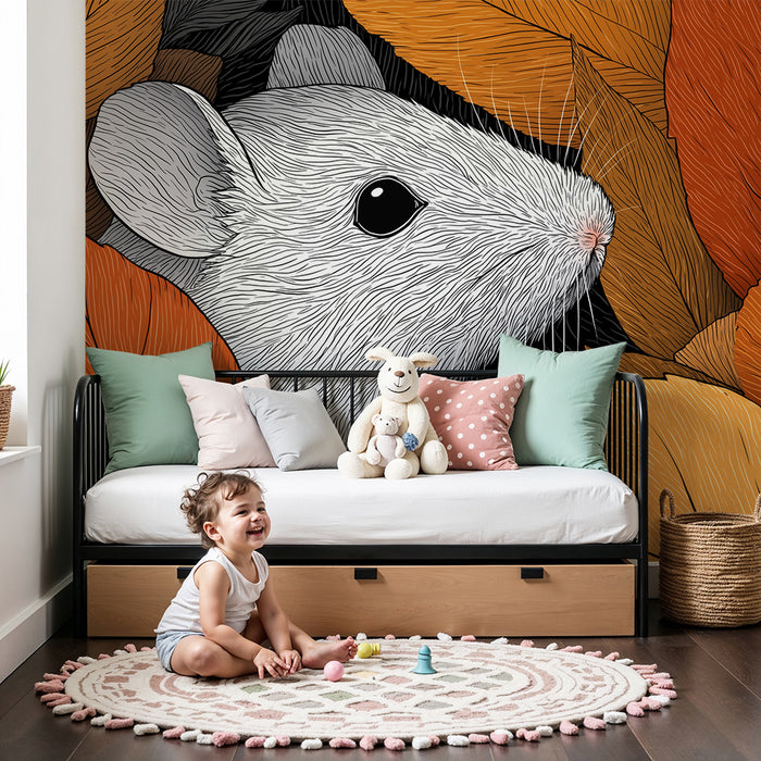 Børneværelse tapet | Skør mus gemt blandt efterårets blade