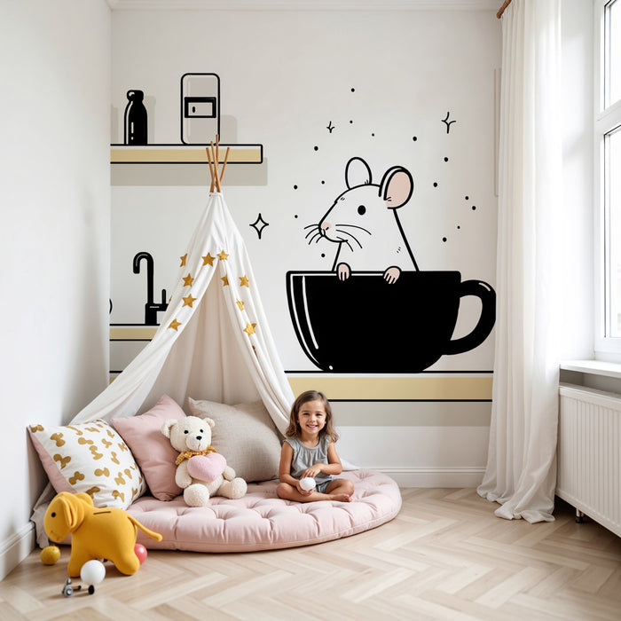 Papier peint chambre enfant | Souris espiègle dans une tasse