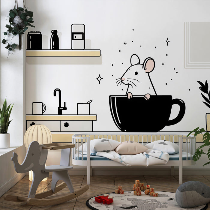Papier peint chambre enfant | Souris espiègle dans une tasse