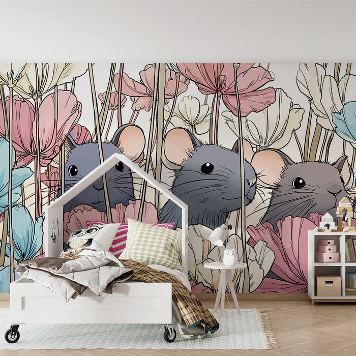 Tapet barnerom | Leken mus blant fargerike blomster