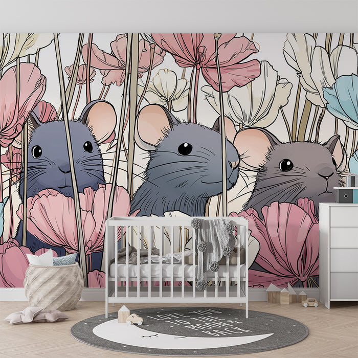 Tapet barnerom | Leken mus blant fargerike blomster