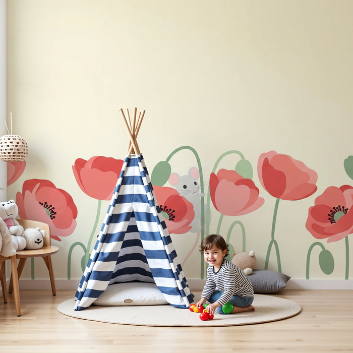 Kinderkamer behang | Muizen en klaprozen in bloei