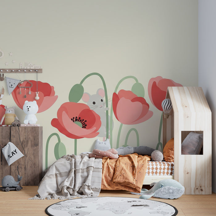 Kinderkamer behang | Muizen en klaprozen in bloei