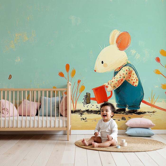 Carta da parati bambini | Topo giardiniere e fioritura