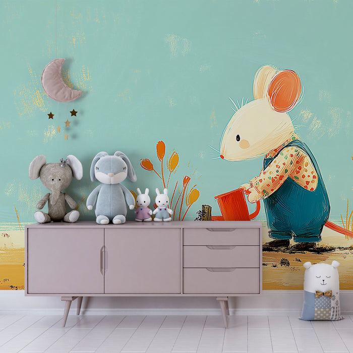 Carta da parati bambini | Topo giardiniere e fioritura