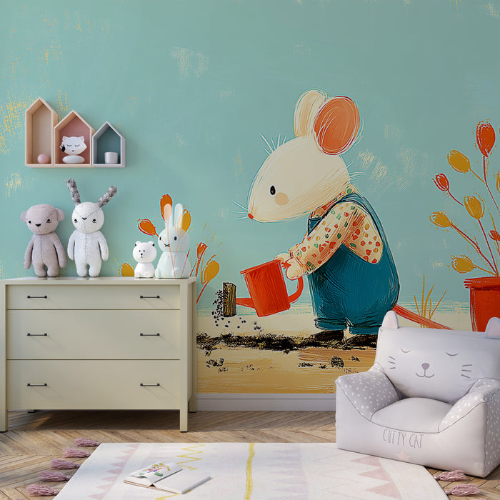 Carta da parati bambini | Topo giardiniere e fioritura