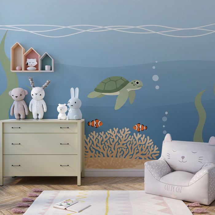 Papel de parede criança | Sob o mar com uma tartaruga e peixes