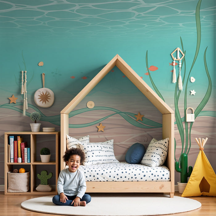 Papel de parede para quarto infantil | Submarino tranquilo com algas e peixes coloridos