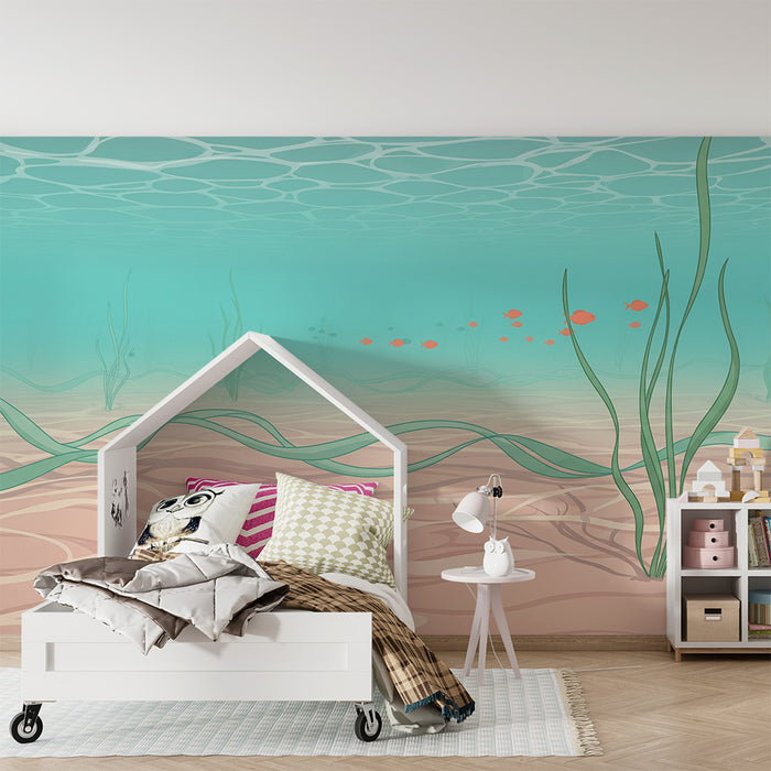 Papel de parede para quarto infantil | Submarino tranquilo com algas e peixes coloridos