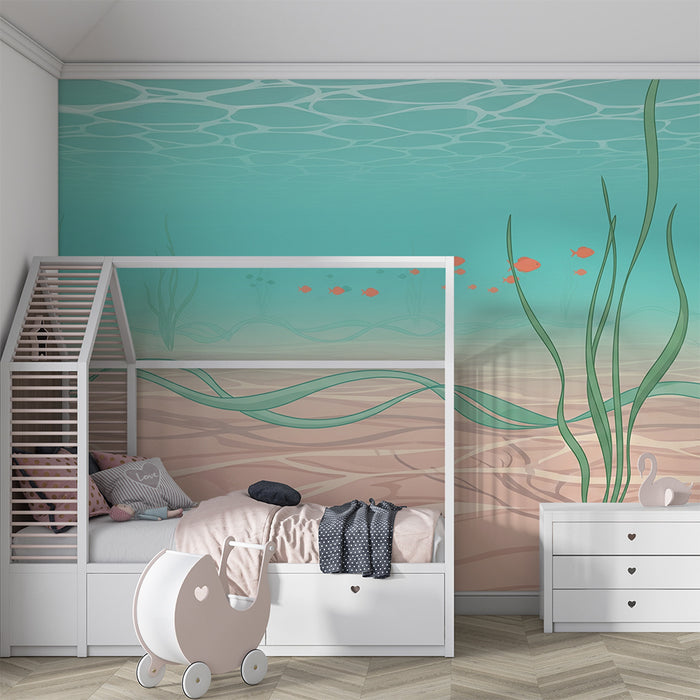 Papel de parede para quarto infantil | Submarino tranquilo com algas e peixes coloridos