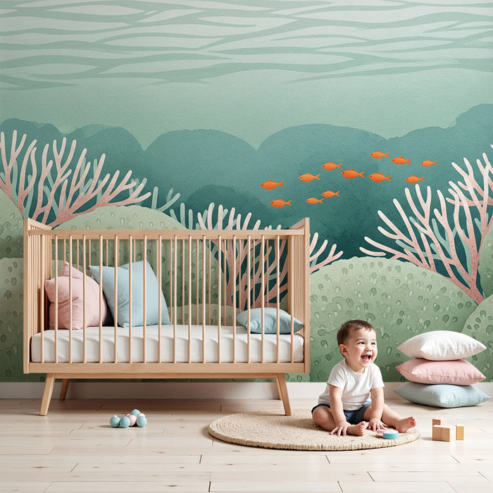 Kinderzimmer Tapete | Beruhigendes U-Boot mit Korallen und Fischen
