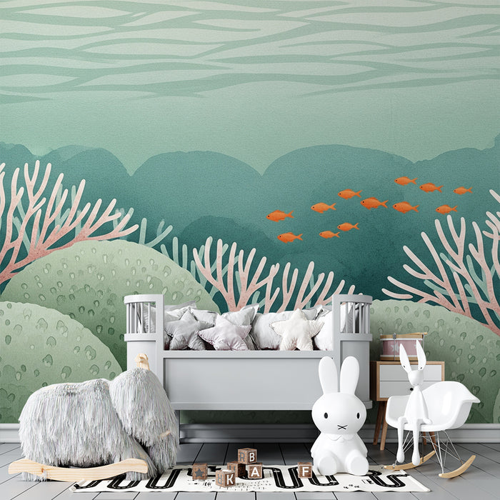 Kinderzimmer Tapete | Beruhigendes U-Boot mit Korallen und Fischen