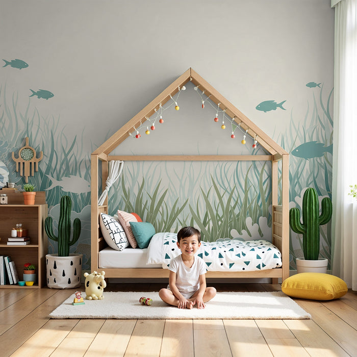 Papel de parede para quarto infantil | Submarino calmante com peixes e corais