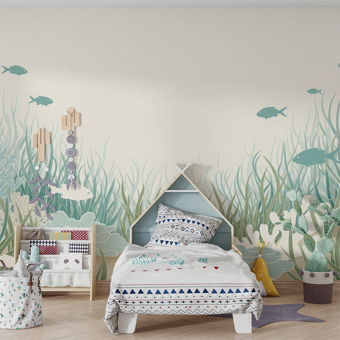 Papel de parede para quarto infantil | Submarino calmante com peixes e corais