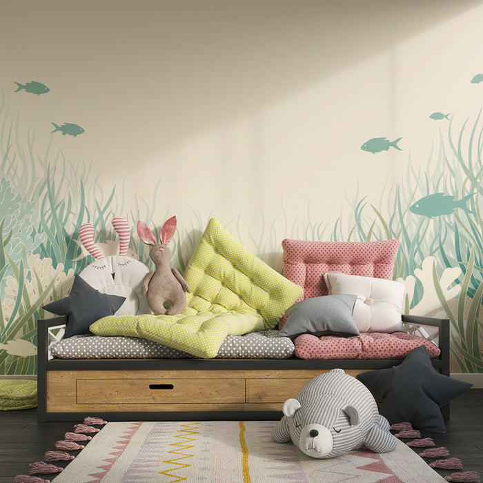 Papel de parede para quarto infantil | Submarino calmante com peixes e corais