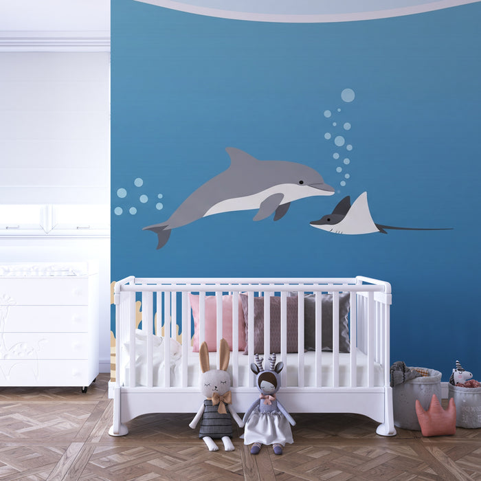 Kinderzimmer Tapete | U-Boot mit Delfin und Rochen