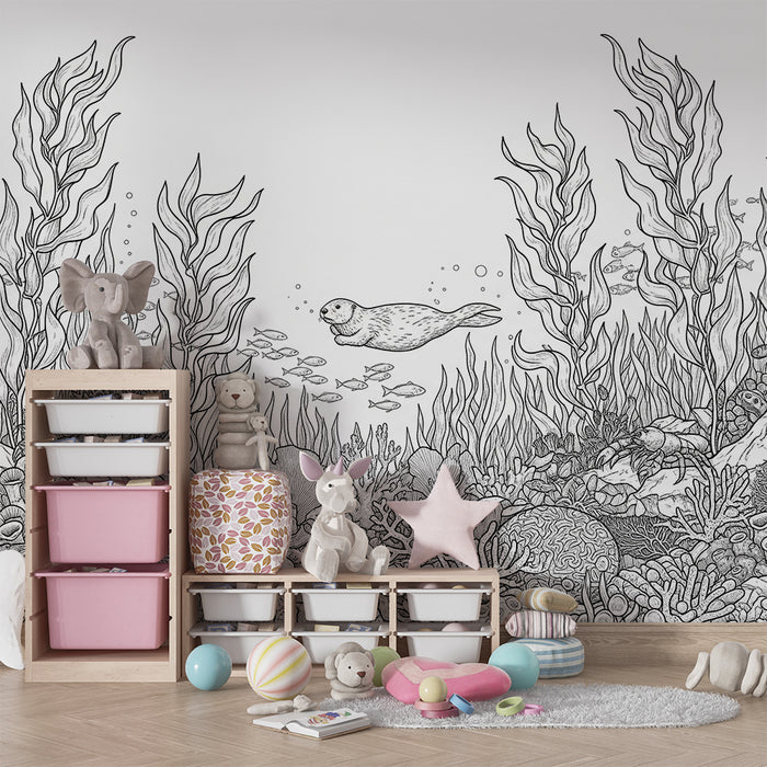 Behang kinderkamer | Onderwaterwereld met otter en kleurrijke koralen