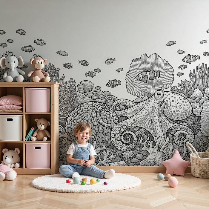 Papel pintado infantil | Submarino con pulpo y peces de colores