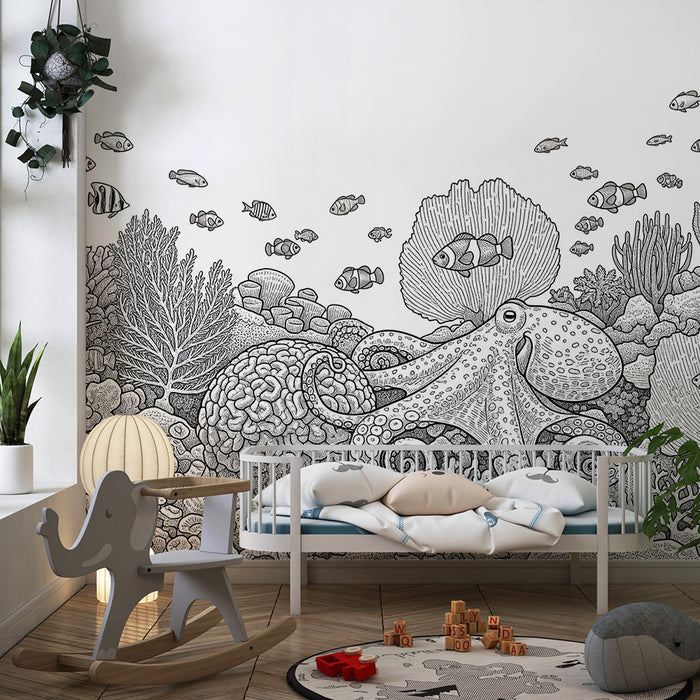 Papel pintado infantil | Submarino con pulpo y peces de colores
