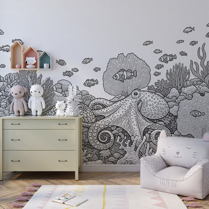 Papel pintado infantil | Submarino con pulpo y peces de colores