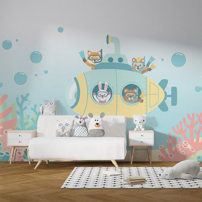 Kinderzimmer Tapete | Buntes U-Boot mit Unterwassertieren