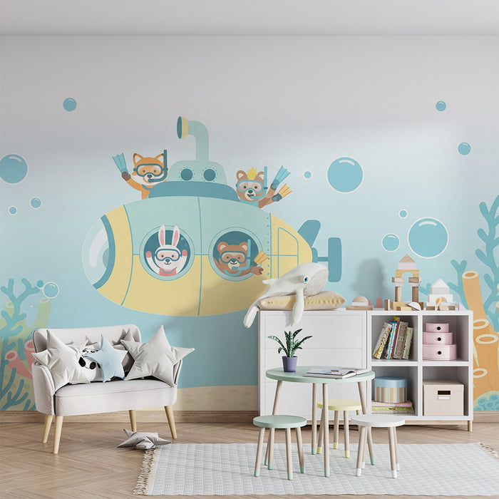 Kinderzimmer Tapete | Buntes U-Boot mit Unterwassertieren