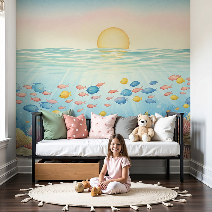 Kinderzimmer Tapete | Bunter U-Boot mit Fischen und Korallen