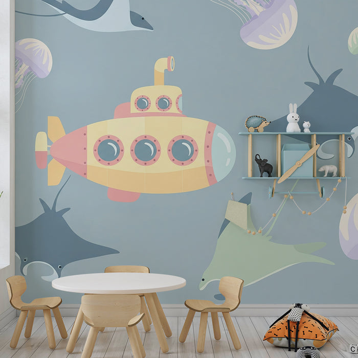 Kinderzimmer Tapete | Buntes U-Boot und Meereskreaturen in einem beruhigenden Ozean