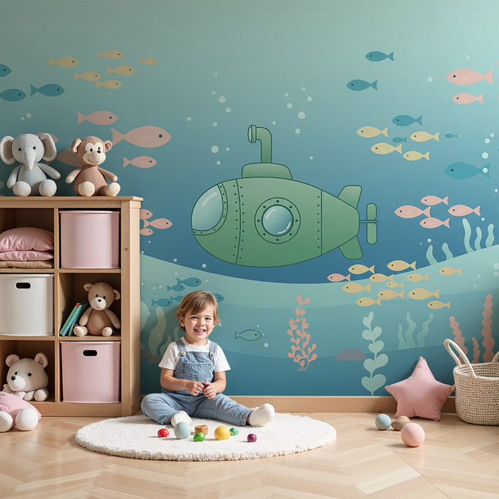 Papel de parede criança | Submarino e peixes coloridos num ambiente marinho tranquilo