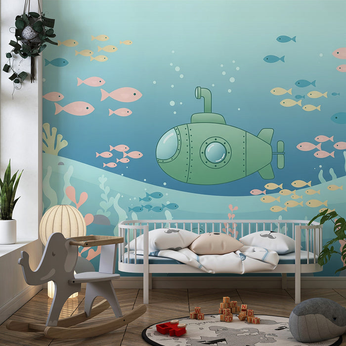 Papel de parede criança | Submarino e peixes coloridos num ambiente marinho tranquilo