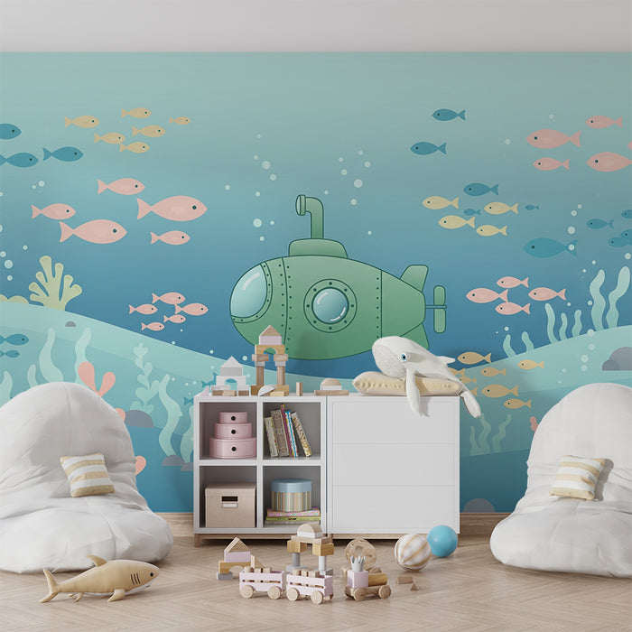 Papel de parede criança | Submarino e peixes coloridos num ambiente marinho tranquilo