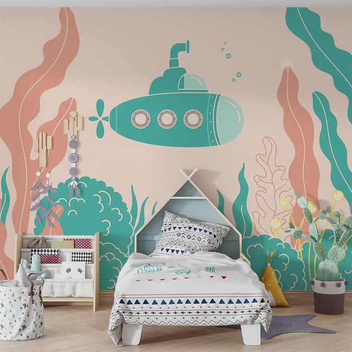 Børneværelse tapet | Undervandsbåd og farverig havplanter
