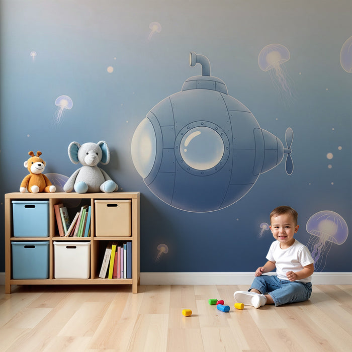 Carta da parati bambini | Sottomarino esploratore e meduse luminescenti in un oceano tranquillo