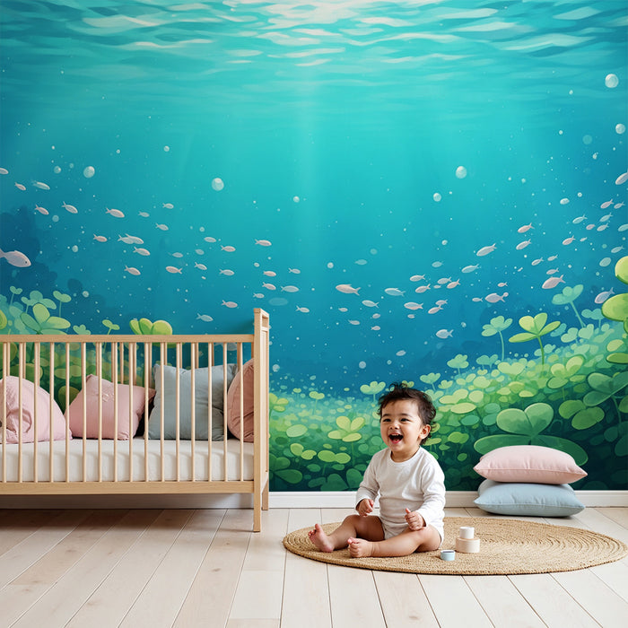 Papel de parede infantil | Oceano encantado com peixes e trevos