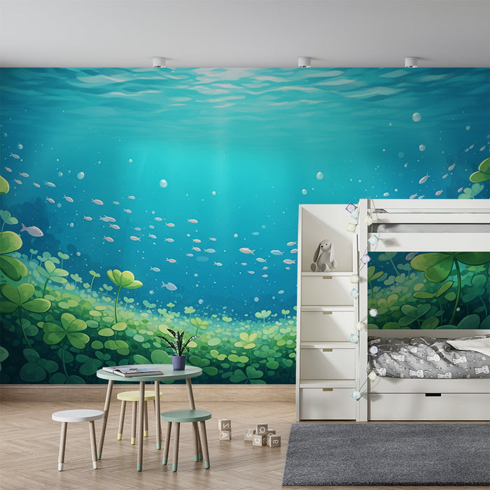 Papel de parede infantil | Oceano encantado com peixes e trevos