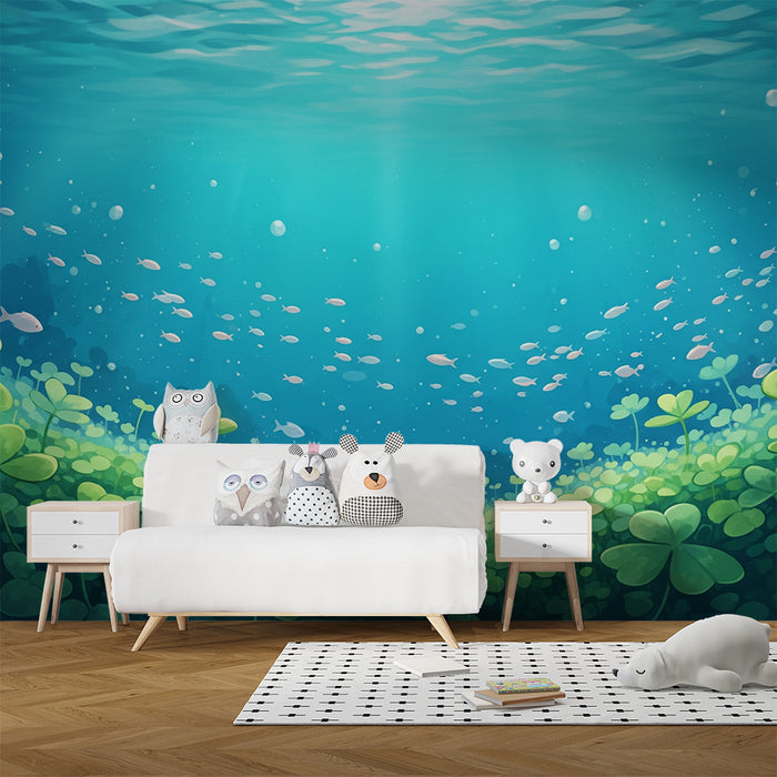 Papel de parede infantil | Oceano encantado com peixes e trevos