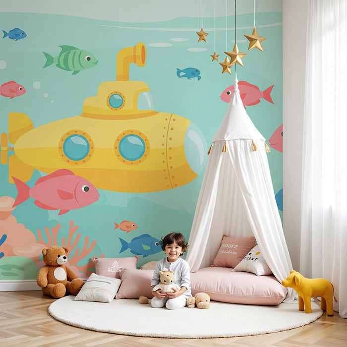 Papel pintado infantil | Submarino amarillo explorando el océano