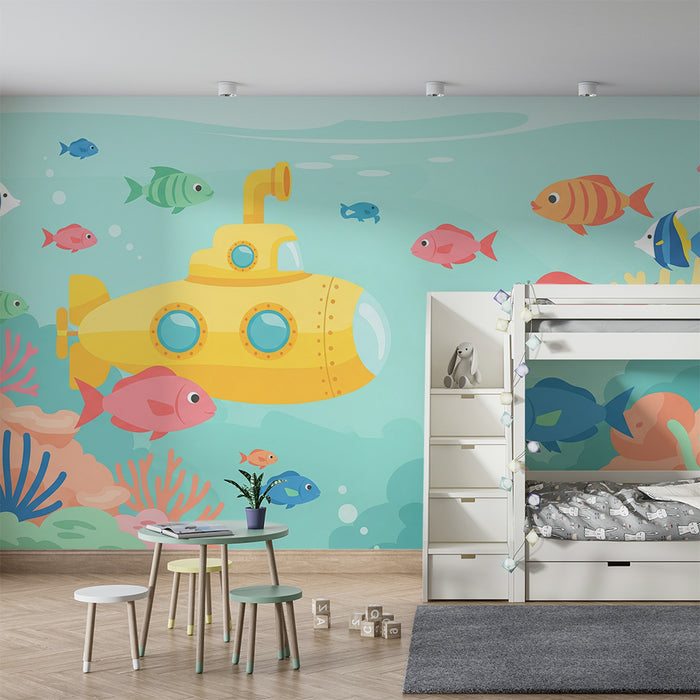 Papel pintado infantil | Submarino amarillo explorando el océano
