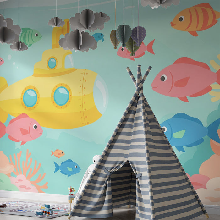 Papel pintado infantil | Submarino amarillo explorando el océano