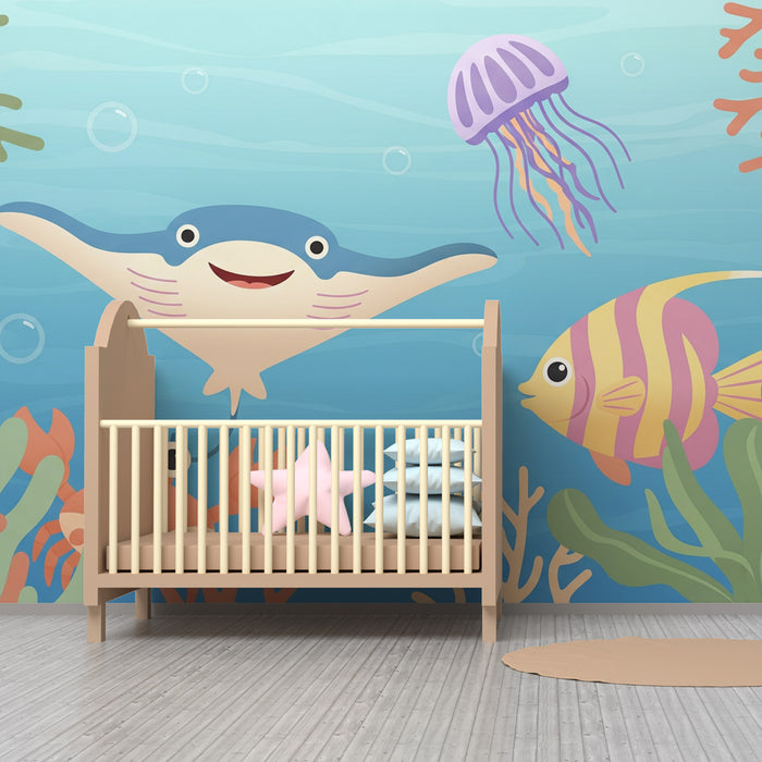 Kinderzimmer Tapete | Fröhliches U-Boot mit bunten Fischen