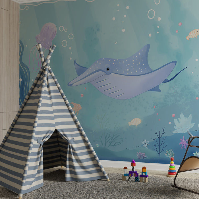 Kinderkamer behang | Magische onderzeeër met rog en kleurrijke koralen