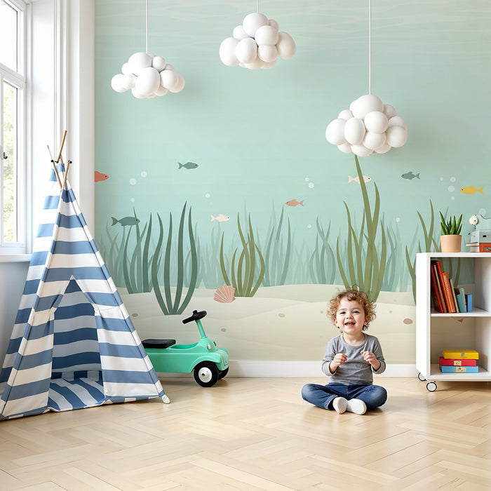 Papel de parede para quarto infantil | Submarino tranquilo com peixes coloridos e algas marinhas